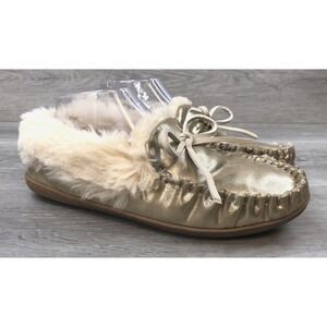 J. Crew Women's Gold Faux Leather Lined Slippers 9 Slip‎ On Fur Shoes
